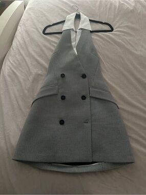 Zara Gray Sleeveless Halter Mini Dress with White Collar